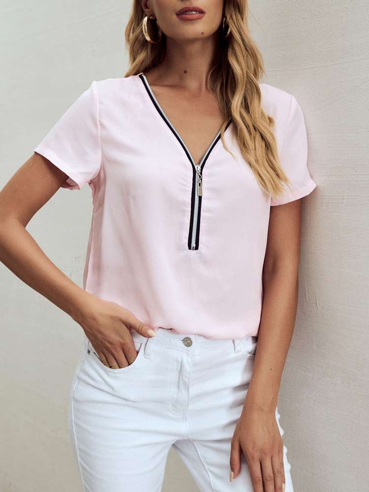  Short Sleeve Baby Pink Casual Women Blouses 727