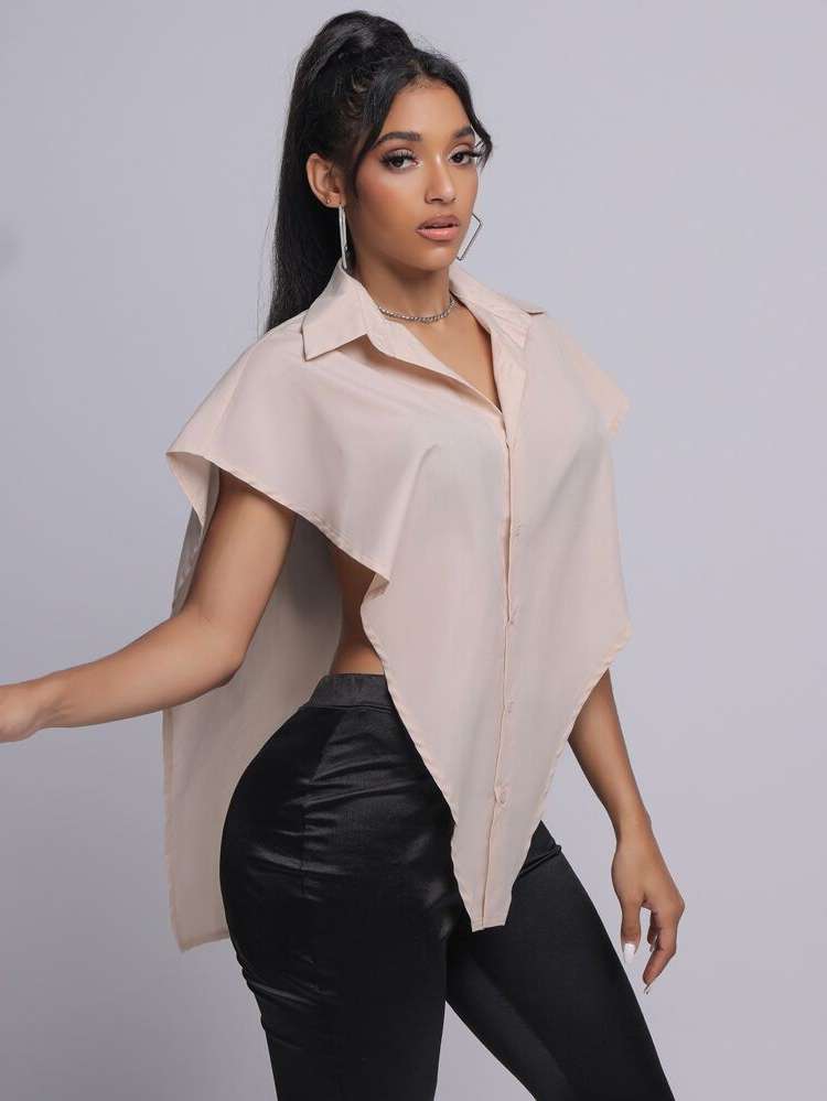  Plain Asymmetrical Baby Pink Women Blouses 5549