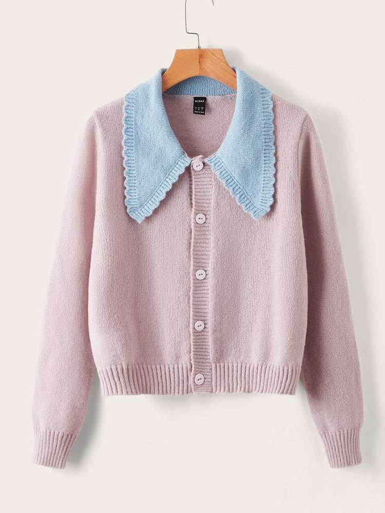 Regular Fit Casual Peter Pan Collar Baby Pink Women Cardigans 883