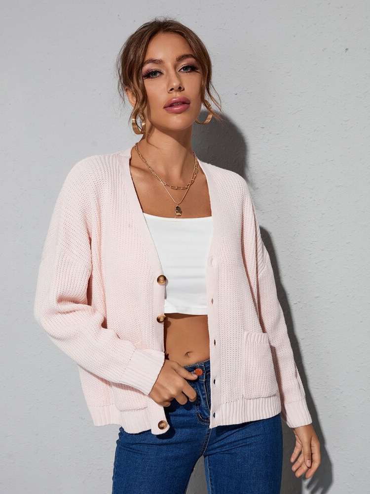 Baby Pink Long Sleeve Pocket Casual Women Cardigans 57