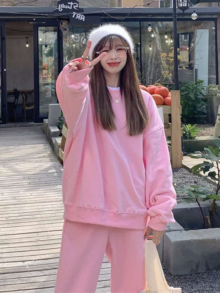 Oversized Baby Pink Cut Out Round Neck Women Sweatshirts 503