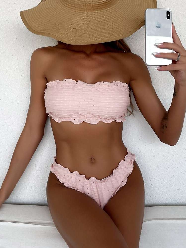 Cute Lettuce Trim Baby Pink Women Swimwear 2102