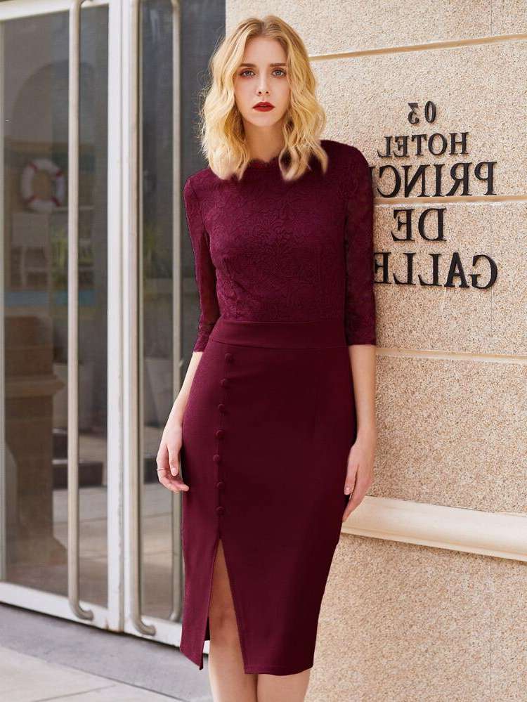  Contrast Lace Three Quarter Length Sleeve Round Neck Women Dresses 264