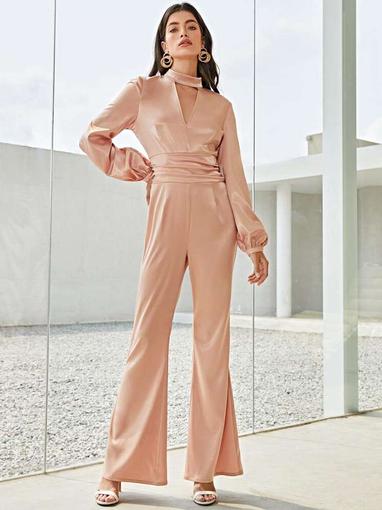 Long Plain Ruched Baby Pink Women Jumpsuits  Bodysuits 226