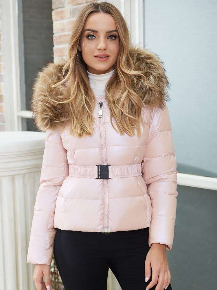 Plain Zipper Baby Pink Regular Fit Women Winter Coats 5956