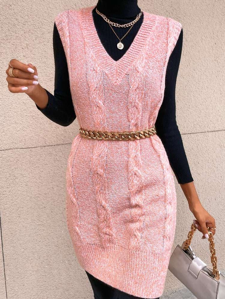 Baby Pink Sleeveless Long Women Knit Tops 8463