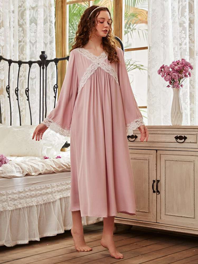 Baby Pink Royal V neck Underwear  Sleepwear 2388