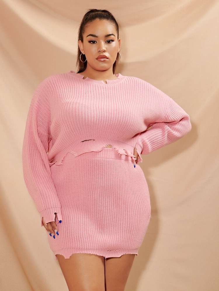  Round Neck Baby Pink Long Sleeve Plus Size Knitwear 2272