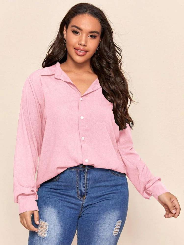 Casual Baby Pink Collar Plus Size Blouses 3848