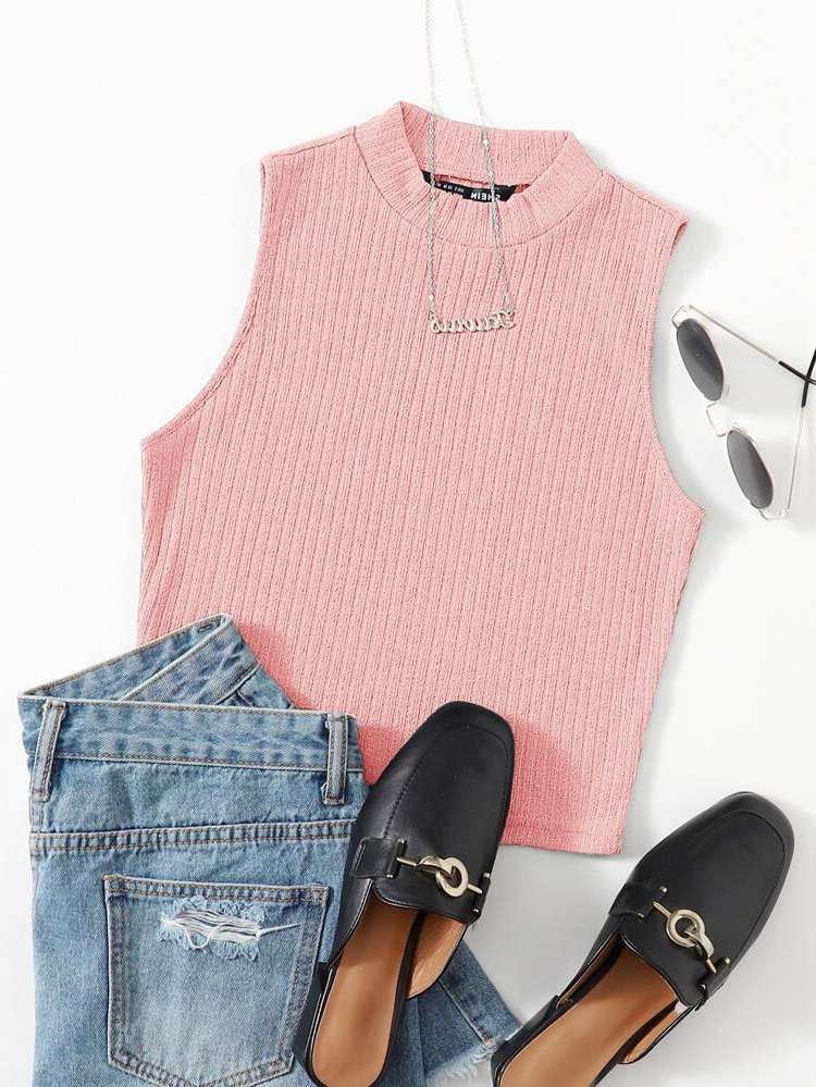 Baby Pink Slim Fit Rib-Knit Women Tank Tops  Camis 623