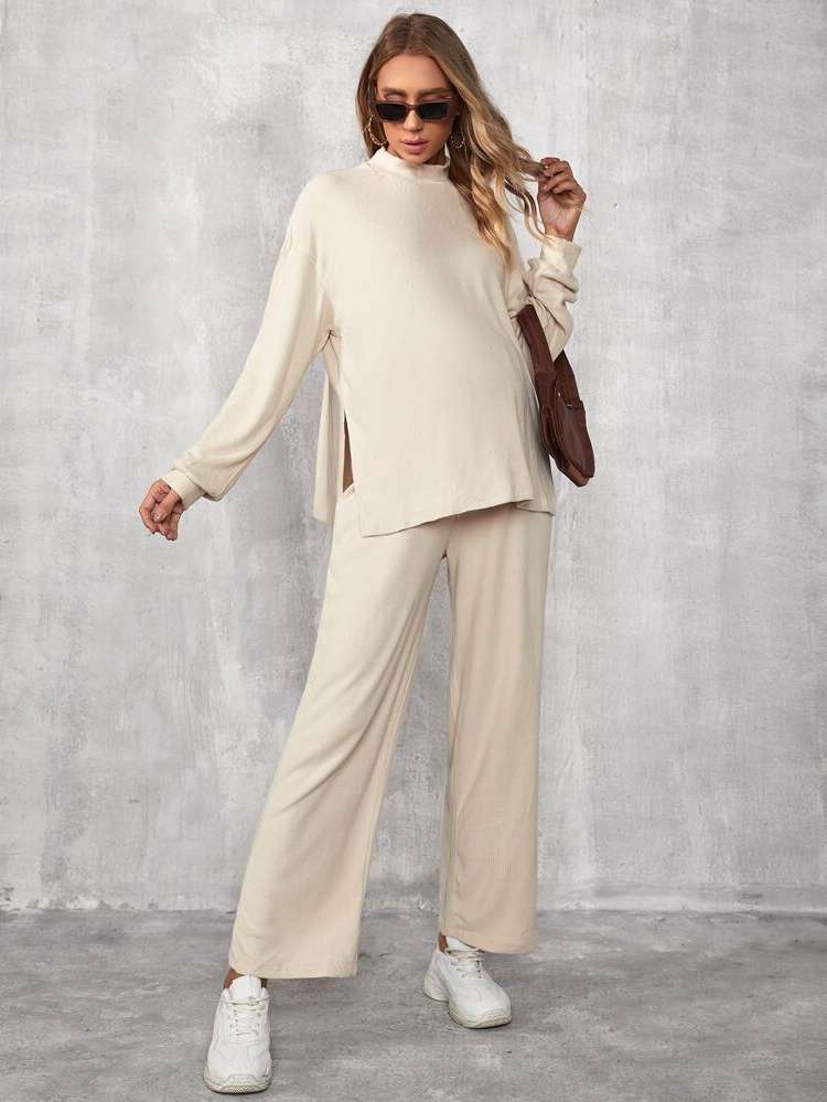 Split Plain Long Sleeve Maternity Two-piece Suits 1073