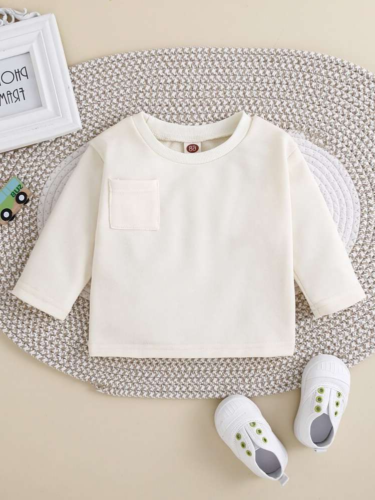 Long Sleeve Round Neck Plain Pocket Baby Clothing 7488