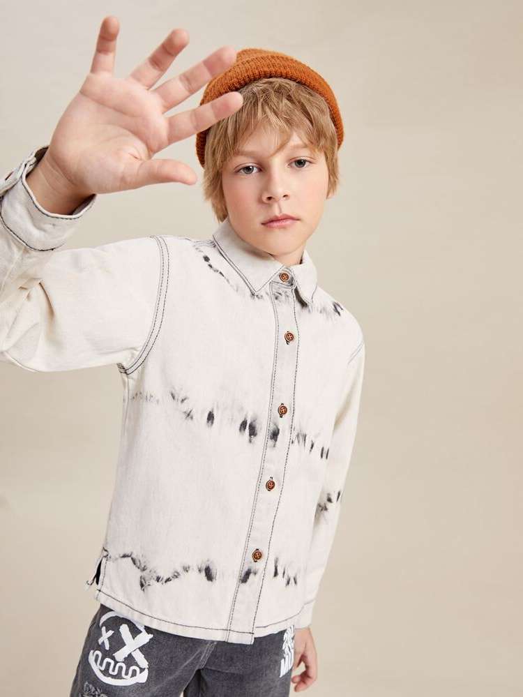 Long Sleeve Regular Tie Dye Beige Boys Denim Tops 6316