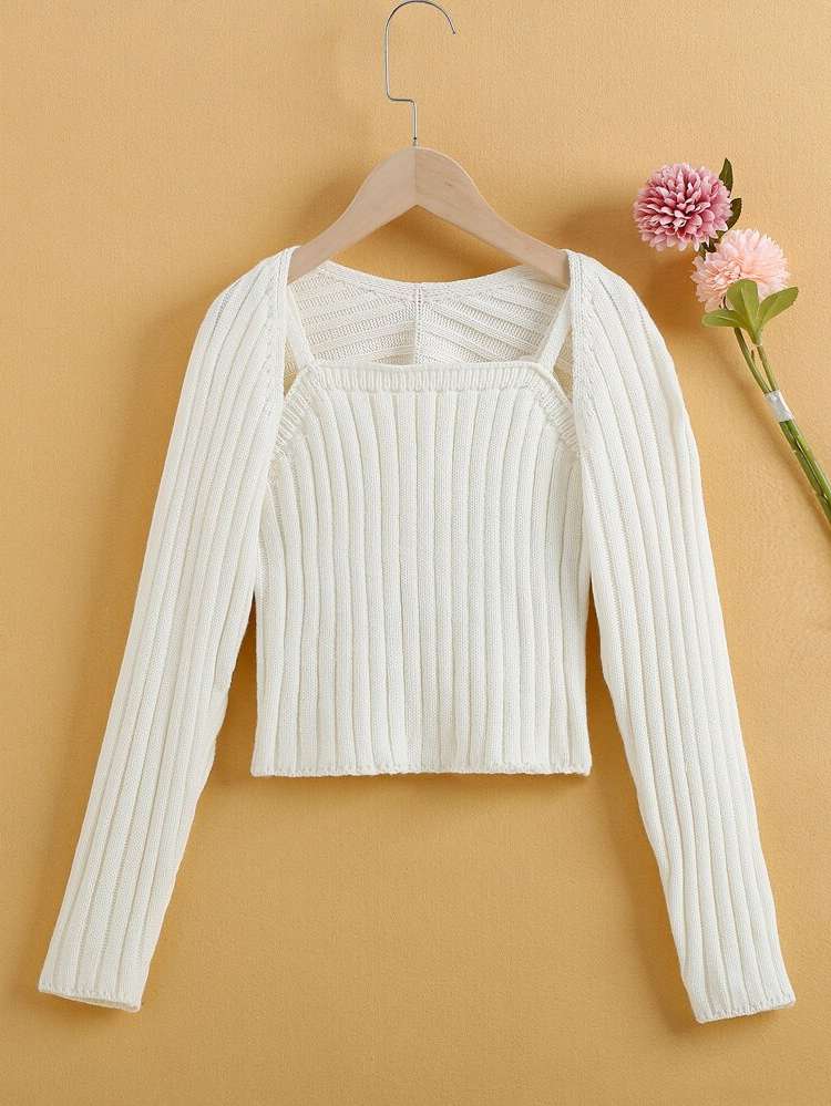 Slim Fit Rib-Knit Casual Beige Girls Clothing 5665