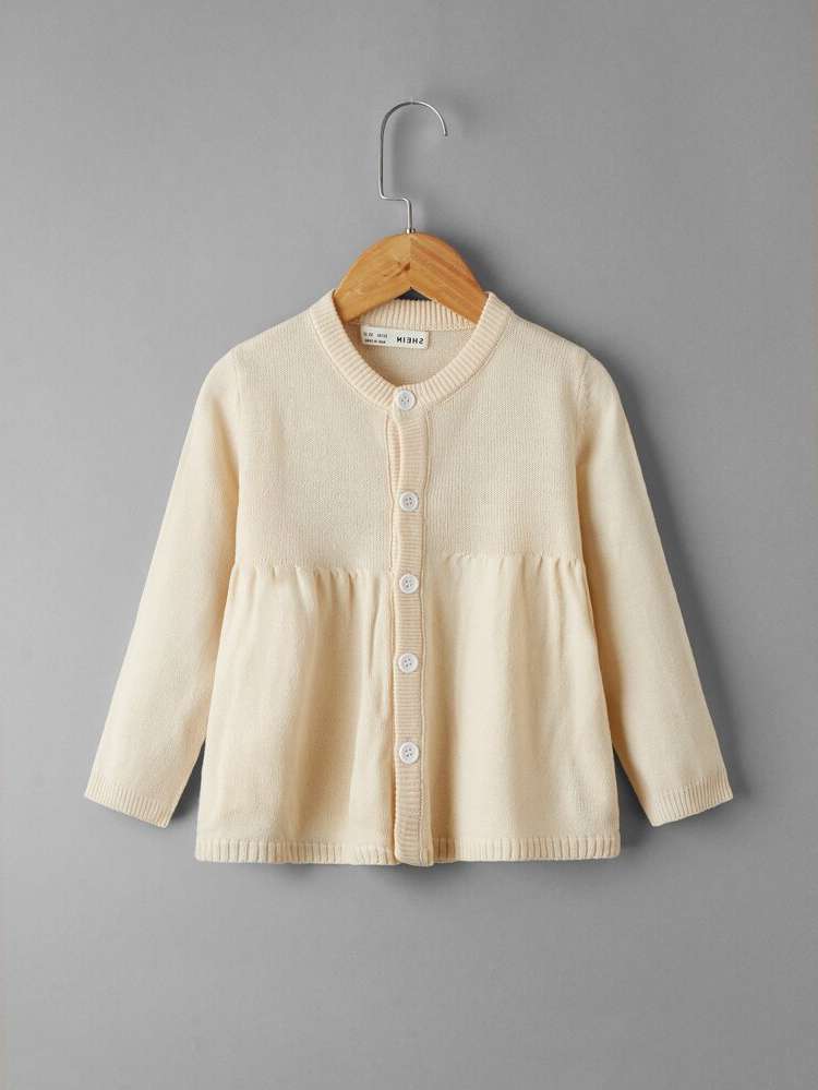 Regular Button Front Beige Round Neck Toddler Girls Knitwear 5213