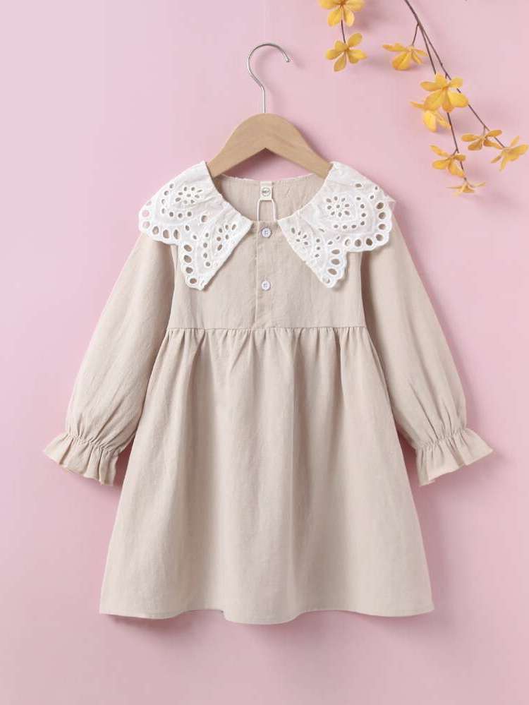 Peter Pan Collar Beige Colorblock Long Sleeve Kids Clothing 3872