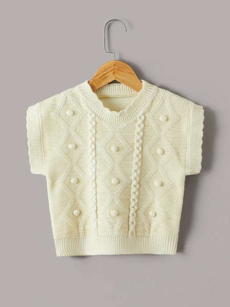 Beige Round Neck Plain Toddler Girls Knitwear 5395