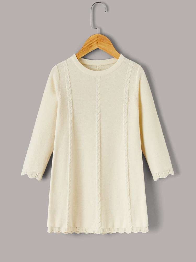 Beige Long Round Neck Plain Toddler Girls Knitwear 5324