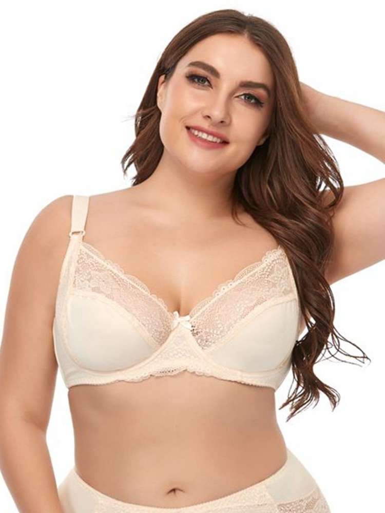 Plain Beige Romantic Plus Size Bras  Bralettes 8357