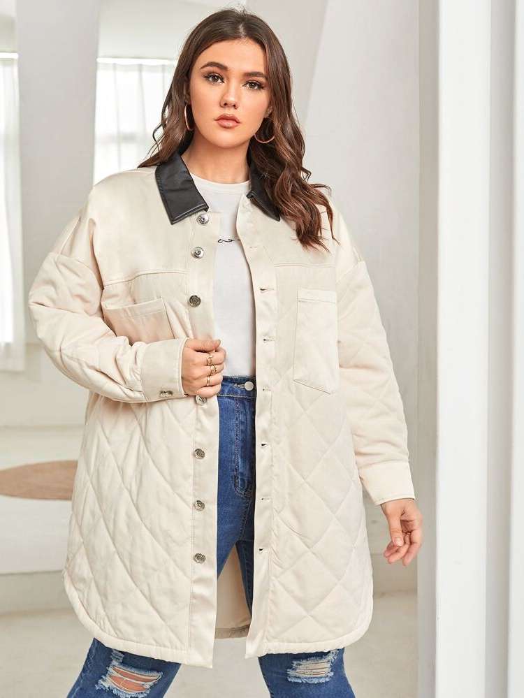 Plain Contrast Collar Collar Plus Size Coats 3526