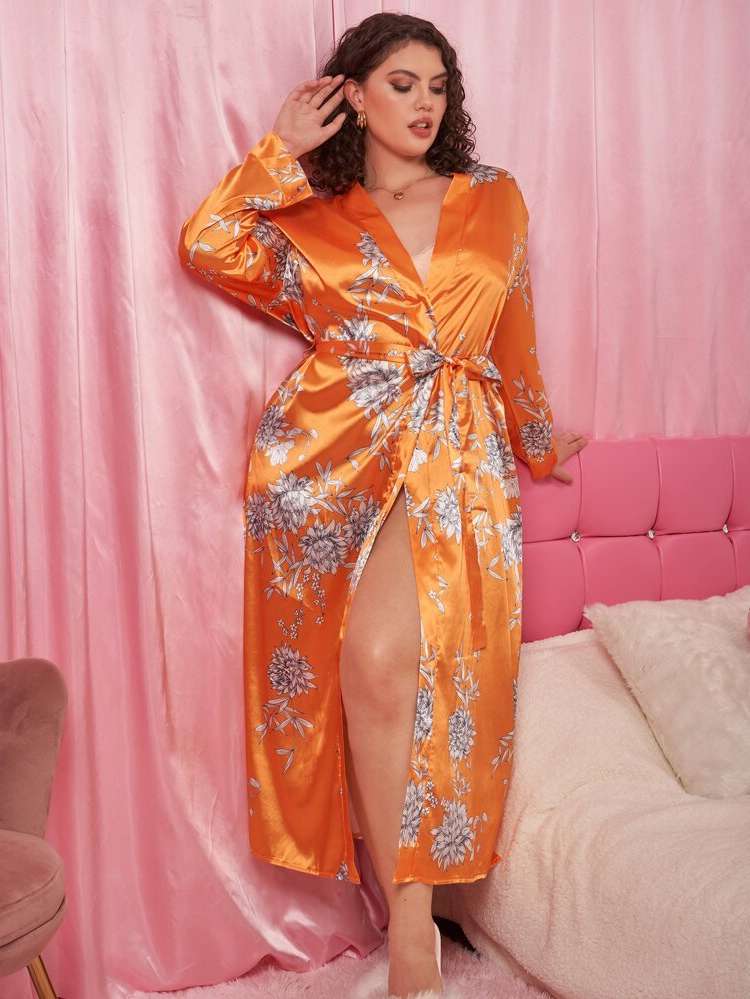  Floral Beige Elegant Plus Size Robes  Robe Sets 9197