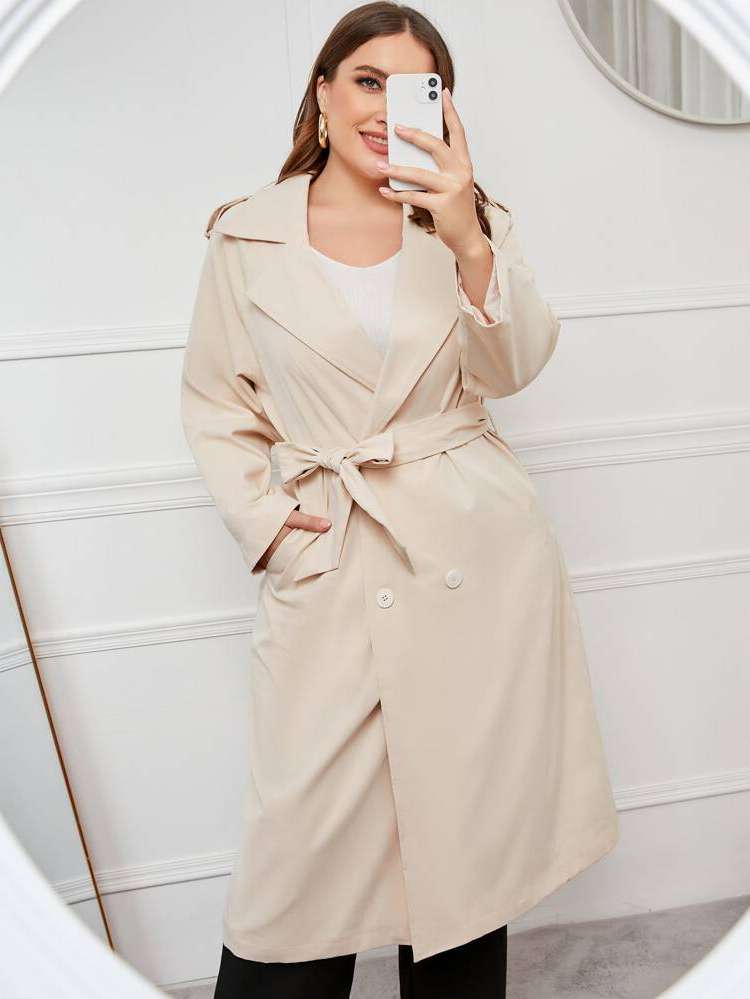 Beige Long Sleeve Regular Fit Plus Size Trench Coats 3884