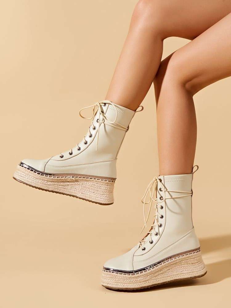  Beige Lace Up Women Boots 1299