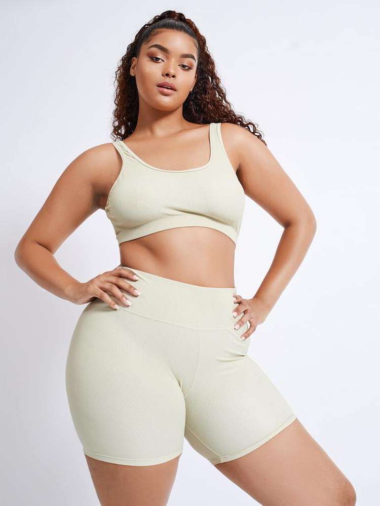 Sleeveless Beige  Plus Size Sports Sets 827