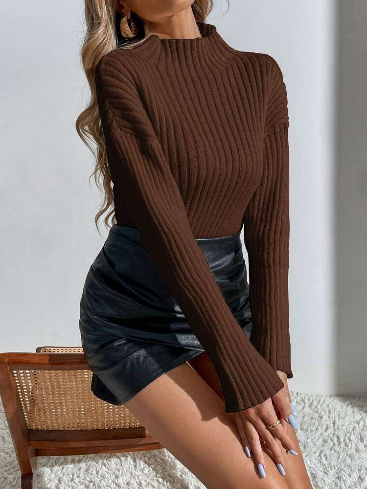 Long Sleeve Rib-Knit Casual Plain Women Clothing 774