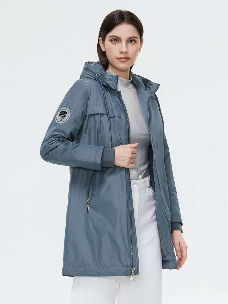 Hooded Zipper Preppy Beige Women Outerwear 3205