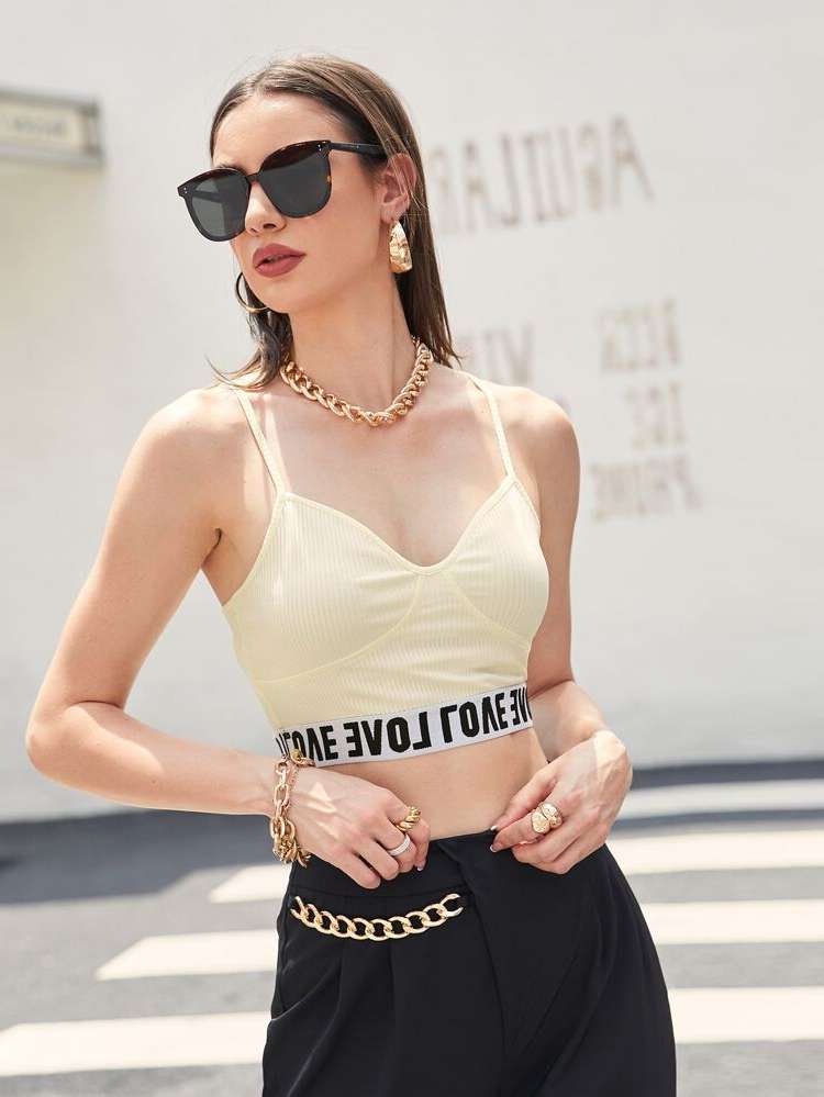 Beige Slim Fit Spaghetti Strap Crop Women Clothing 92