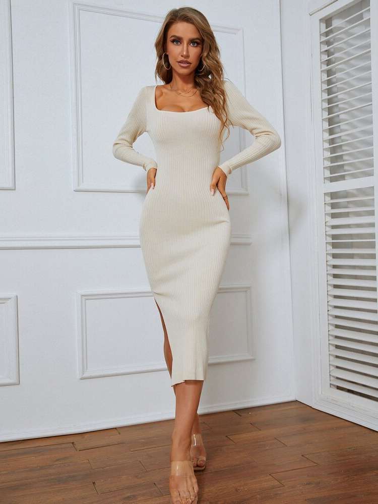  Long Sleeve Plain Midi Women Sweater Dresses 403