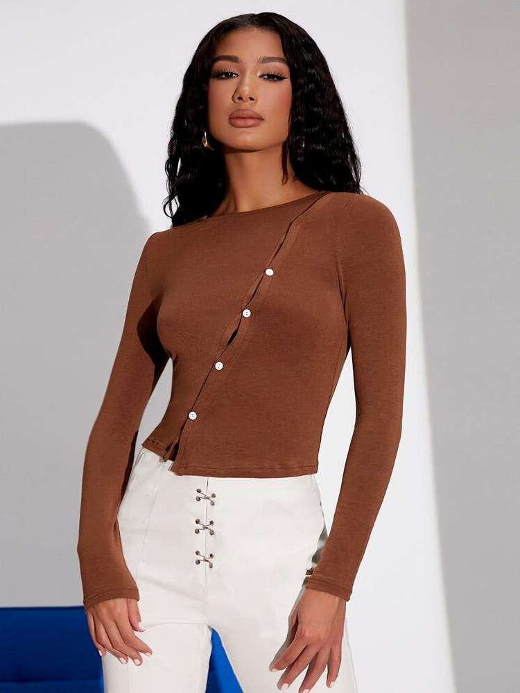 Long Sleeve Elegant Beige Women T-Shirts 9105