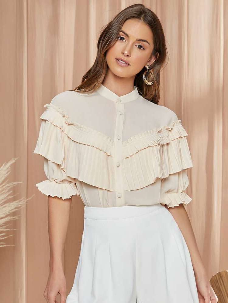 Elegant Beige Tiered Layer Half Sleeve Women Clothing 6964