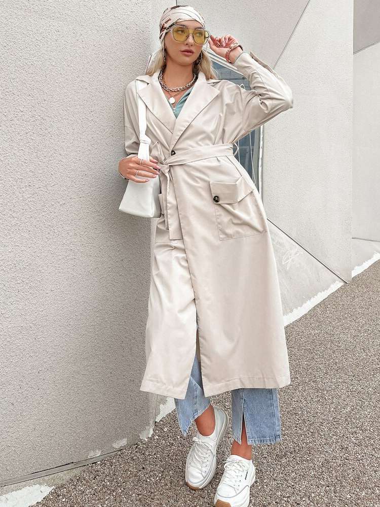 Lapel Button Plain Long Women Clothing 7422