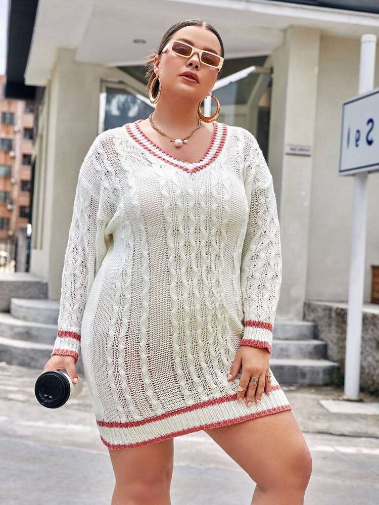 Beige Casual Regular Fit V neck Plus Size Knitwear 148