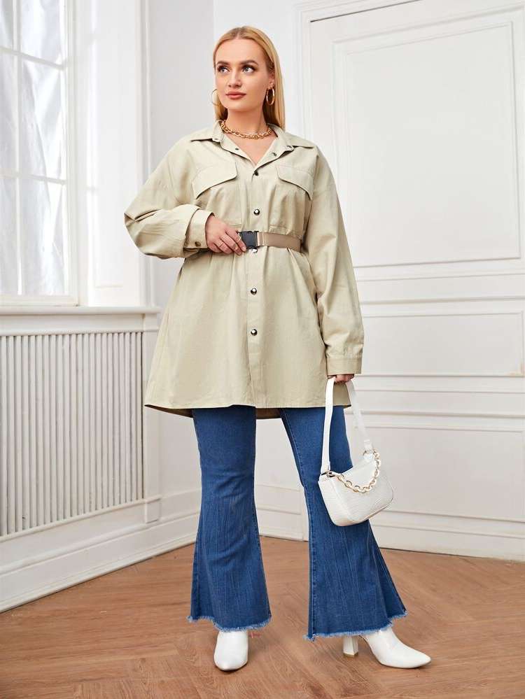  Long Sleeve Belted Plus Size Outerwears 2418