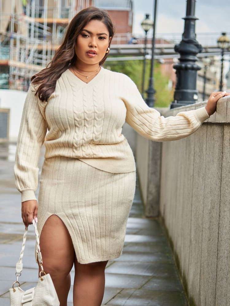 Plain Elegant Beige Plus Size Knitwear 9691