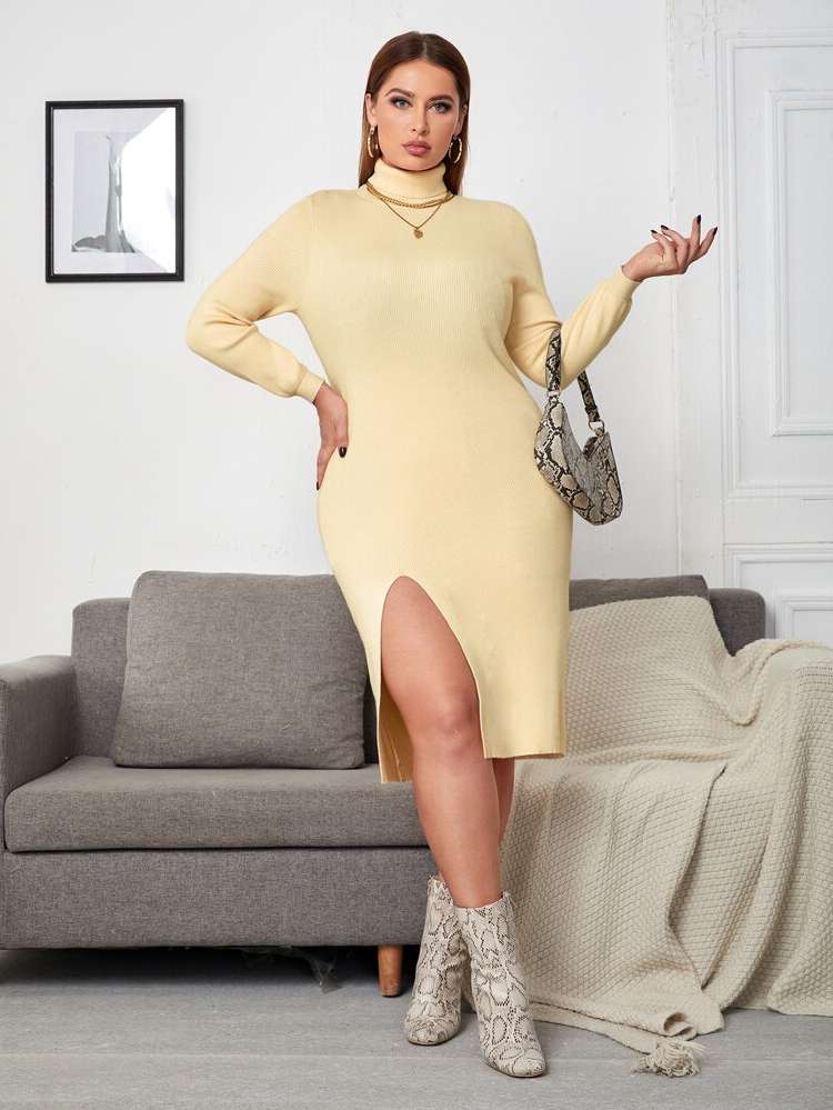  Elegant High Neck Cut Out Plus Size Knitwear 6672