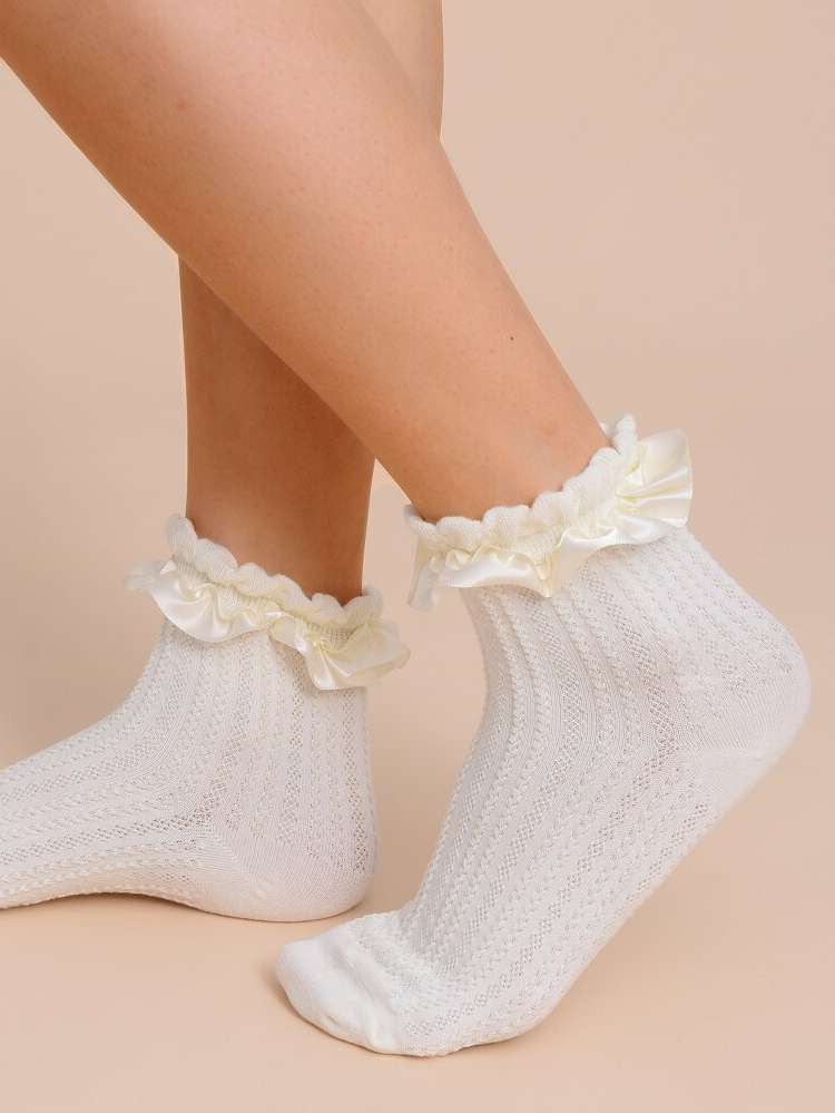  Beige Ruffle Hem Women Socks  Hosiery 685