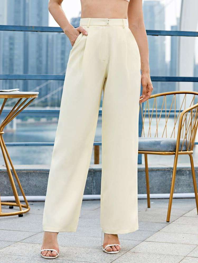 Pocket Long Beige Women Suit Pants 9372