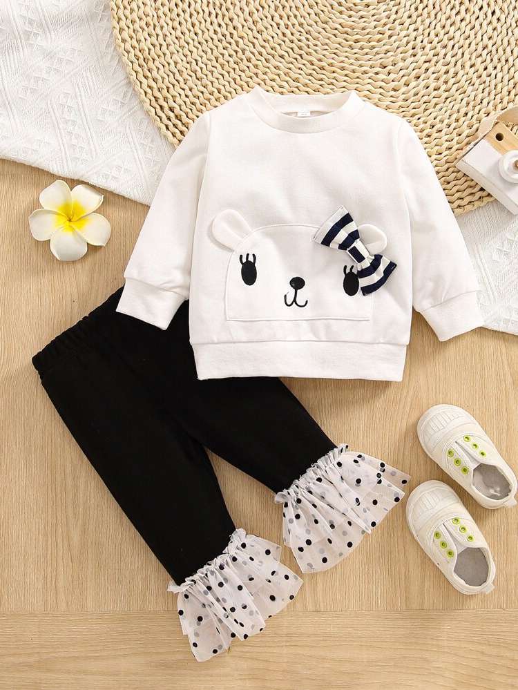 Contrast Mesh Black and White Long Sleeve Polka Dot Baby Clothing 9511