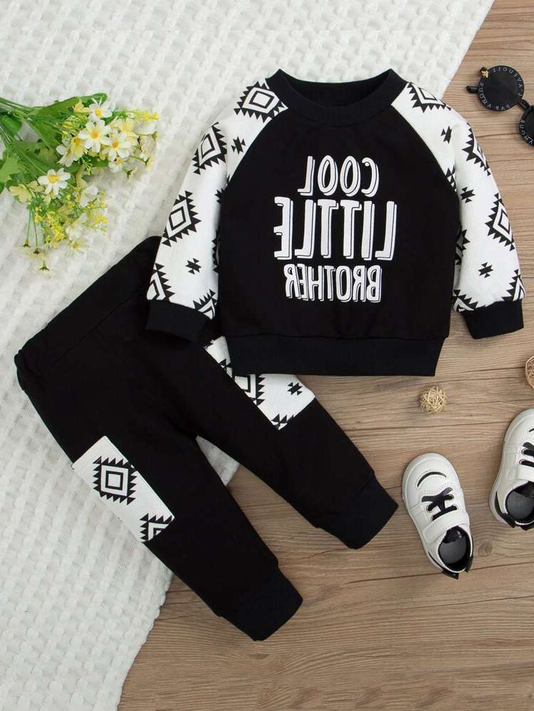 Black and White Long Sleeve Geometric Baby  Mom 8061