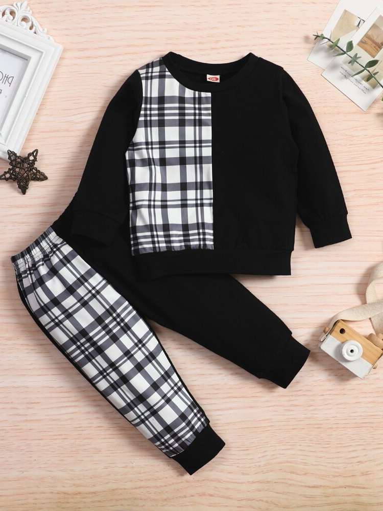 Plaid Casual Round Neck Baby Clothing 6286