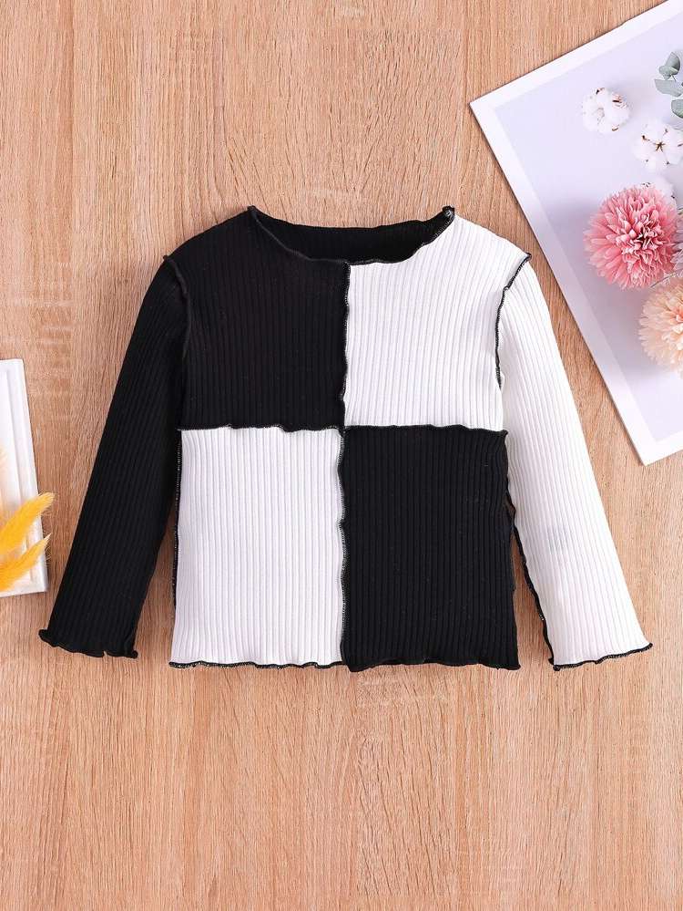  Colorblock Lettuce Trim Long Sleeve Baby Tops 2606