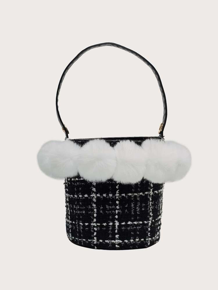  Plaid Pom Pom Black and White Women Shoulder Bags 7706