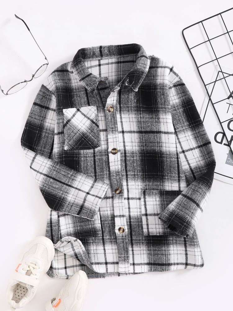 Plaid Pocket Black and White Casual Kids Clothing 8079