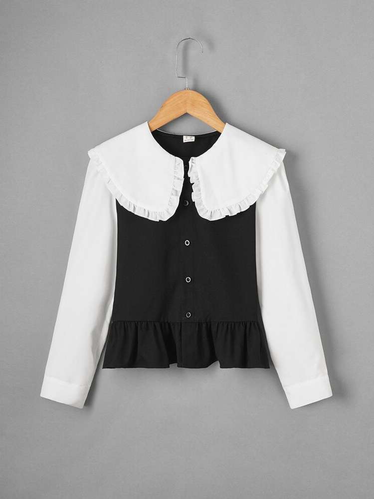 Long Sleeve Ruffle Hem Black and White Colorblock Girls Blouses 3568