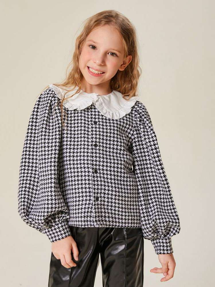 Houndstooth Long Sleeve Frill Black and White Girls Blouses 8394