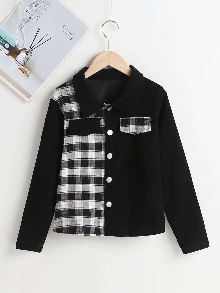 Regular Fit Black and White Button Front Long Sleeve Kids Clothing 736